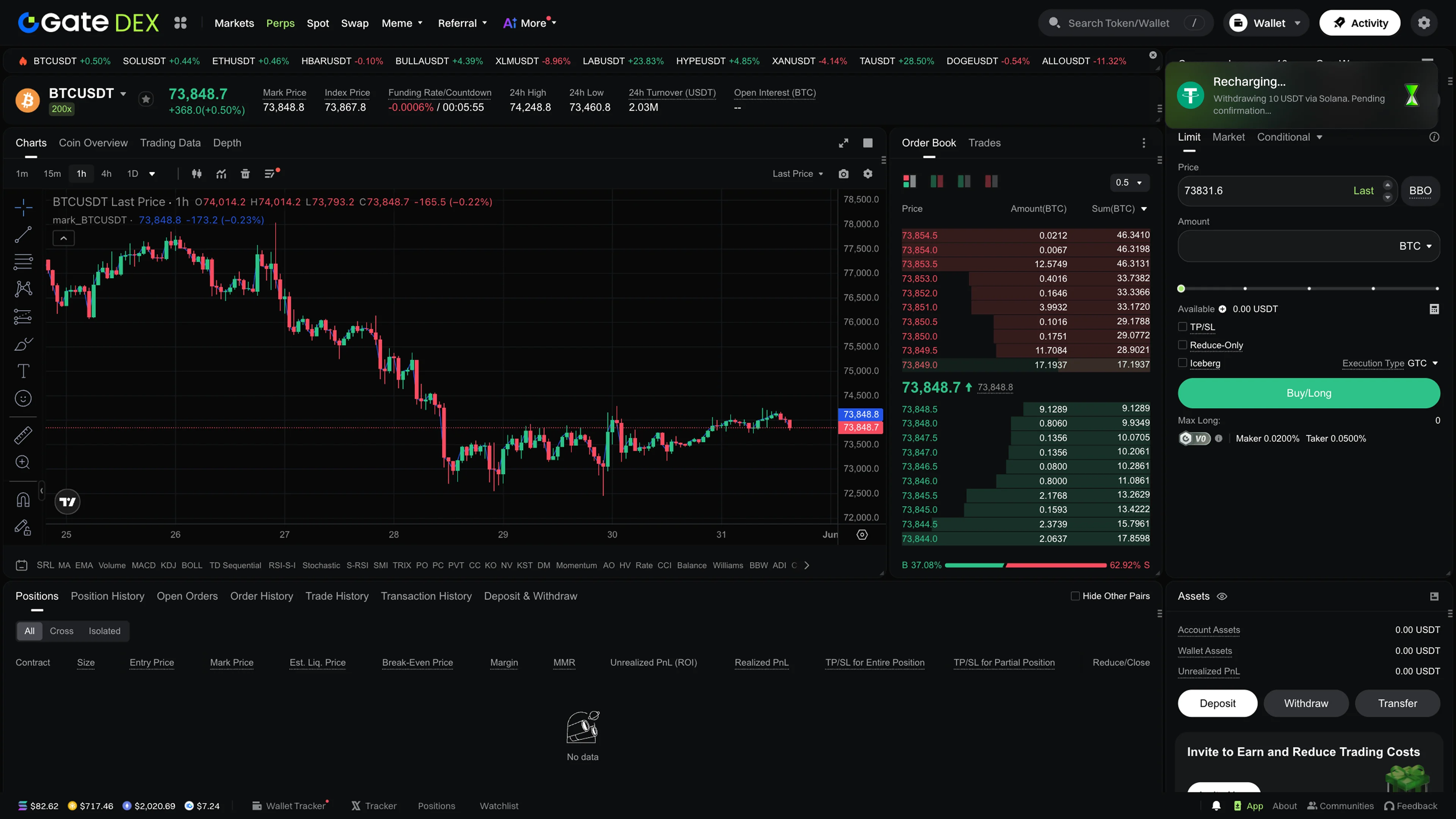 GateDEX 交易界面中右上角的充值提现状态通知