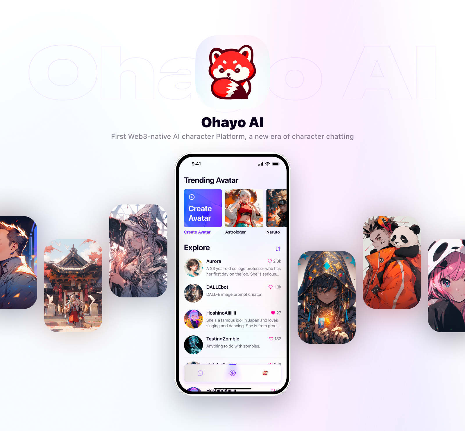 Ohayo AI case study opening hero with app logo, character avatars, and product home screen