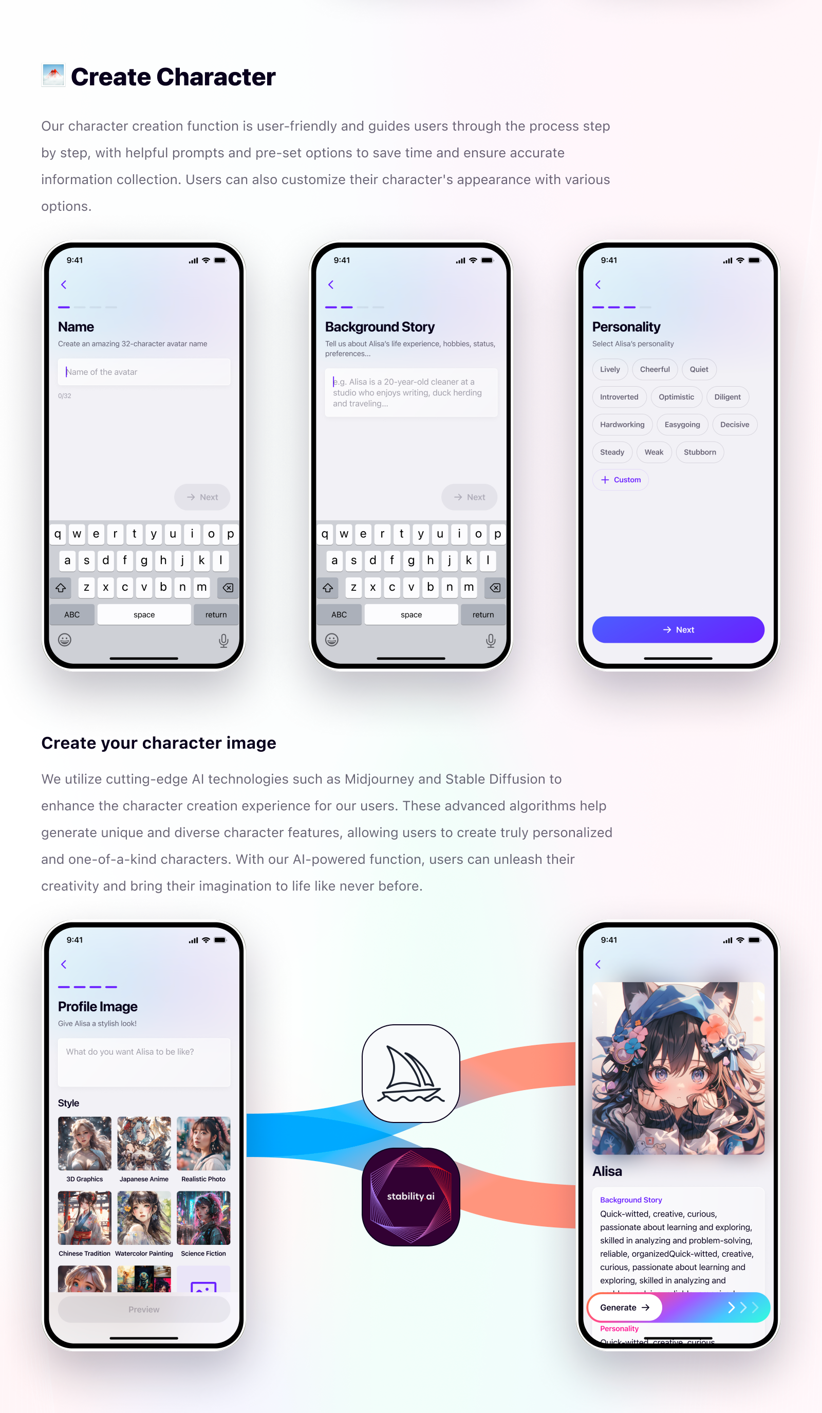 Ohayo AI create character flow and character image generation