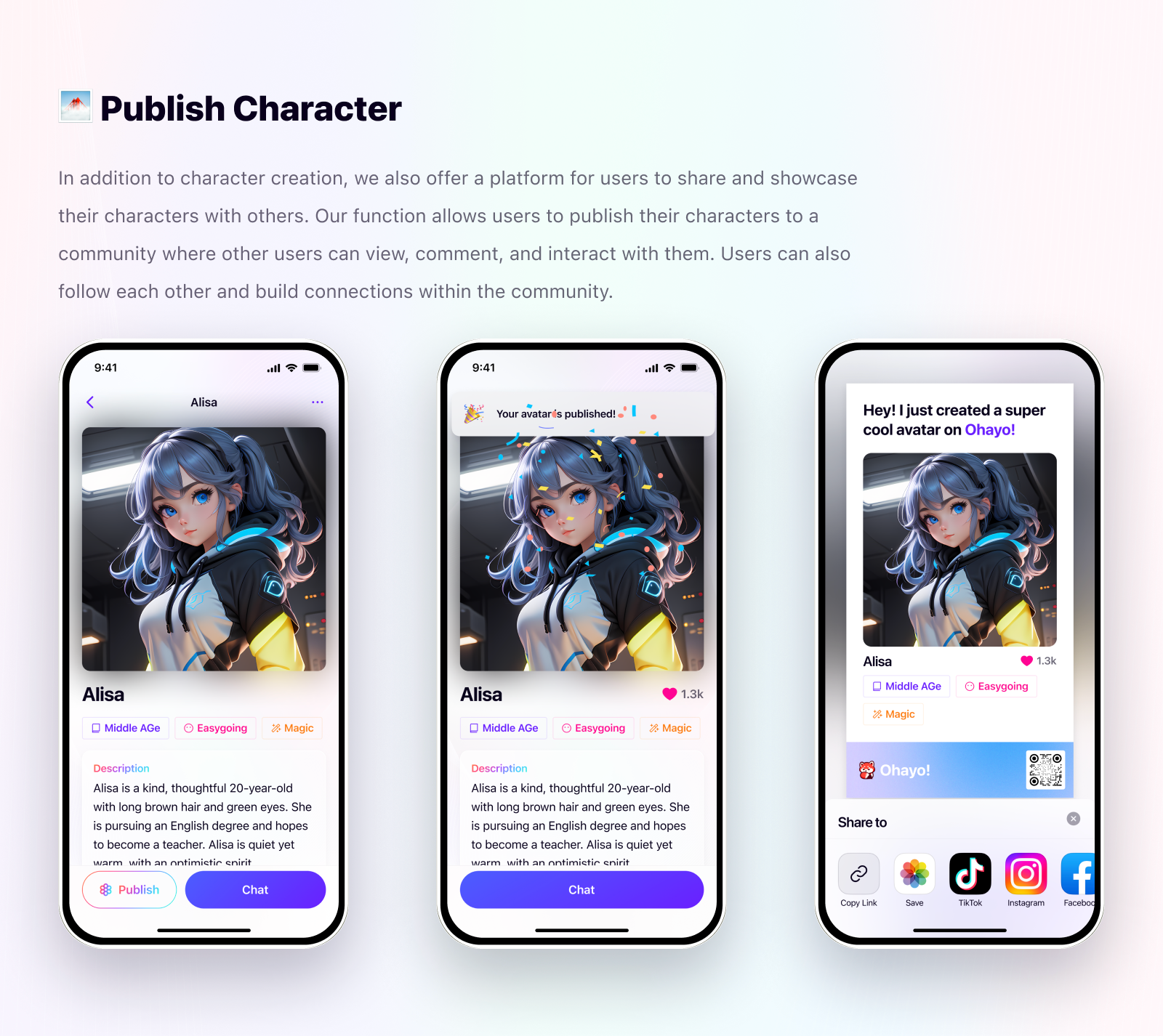 Ohayo AI publish character flow