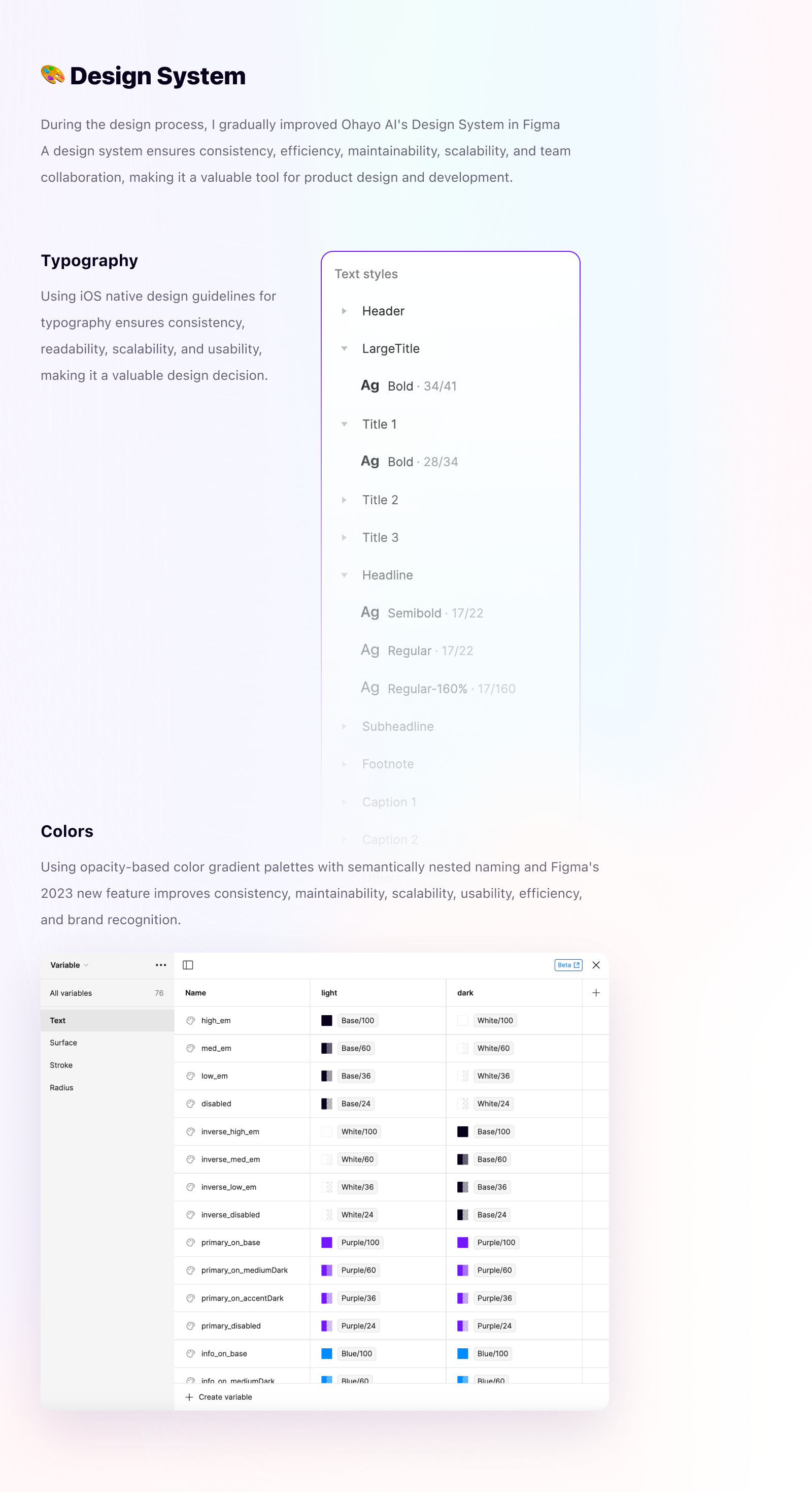 Ohayo AI design system typography and colors